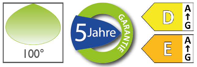 Grafik mit einem grünen Ei, 100° bezeichnet, und Symbole für 5 Jahre Garantie sowie zwei farbige Etiketten, D in Gelb und E in Orange, mit Pfeilen und Buchstaben