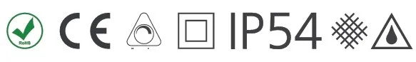 Verschiedene Symbole für Zertifizierungen und Schutzklassen, darunter CE, RoHS, IP54, und andere.