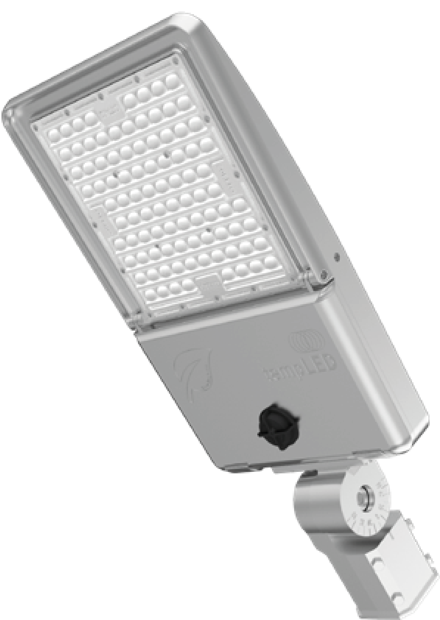 Ein LED-Glühlampenstrahler, der auf einem Schraubhalter befestigt ist.