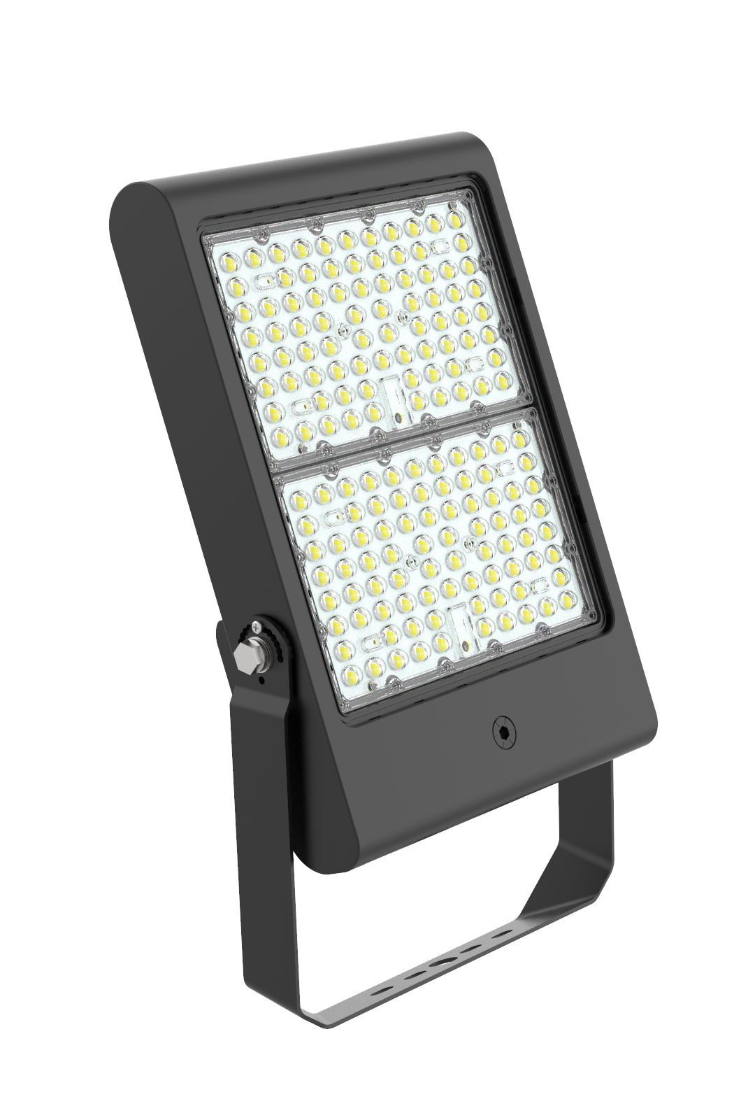 Ein moderner, schwarzer LED-Kunststoffstrahler mit einem rechteckigen Design und verstellbarem Ständer.