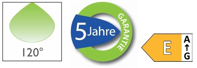 Grafik eines Gradsymbols mit 120°, ein grüner Kreis mit "5 Jahre Garantie" in der Mitte und ein Energieetikett mit Buchstaben E und G.