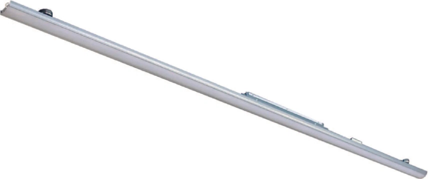 Ein längliches, silbernes Aluminium- oder Metallprofil mit Befestigungselementen, möglicherweise eine Schiene oder ein Verbindungsteil.