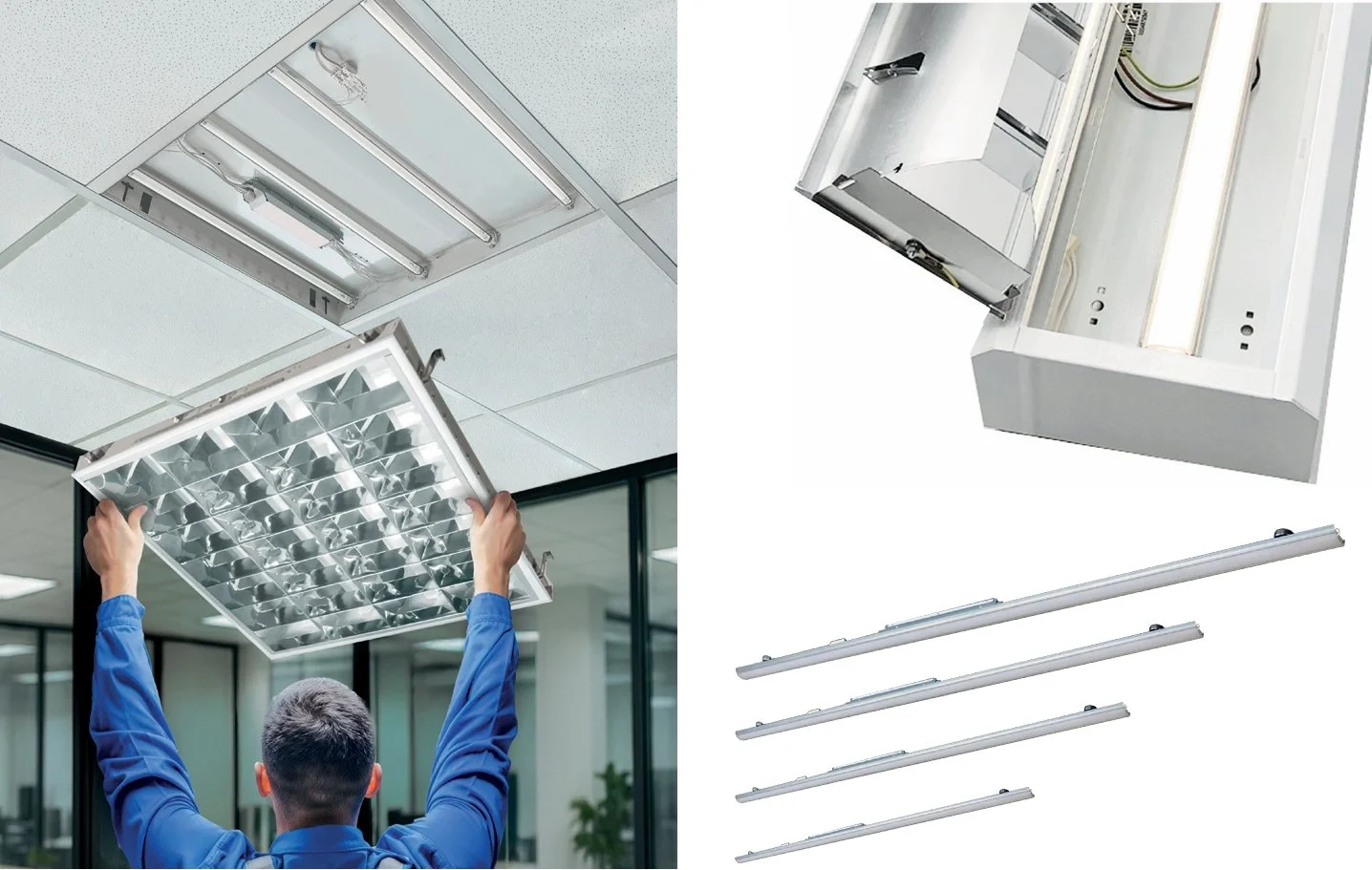 Ein Techniker installiert eine LED-Deckenleuchte. Verschiedene Leuchtenteile und Befestigungen sind zu sehen.
