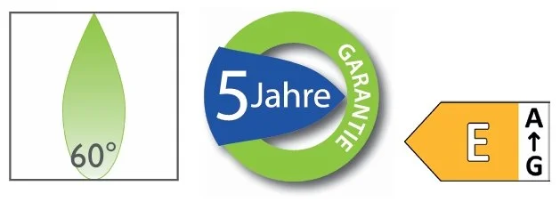 Diagramm mit einem grünen Blattform, einem Krealsymbol mit '5 Jahre Garantie', und einem Energieeffizienzlabel mit Stufen von A bis G, markiert mit E.