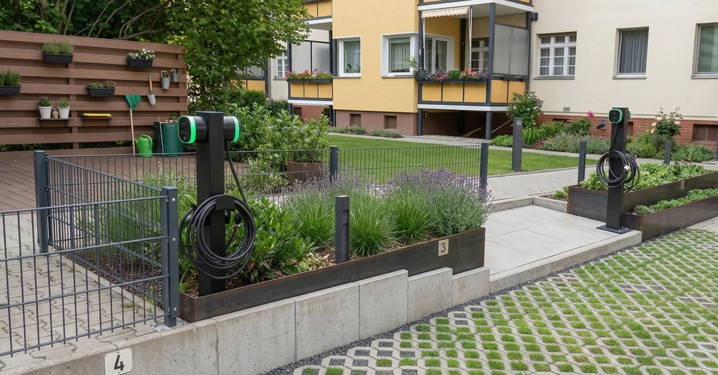 Garten mit bepflanzten Hochbeeten, Bewässerungssystemen und einer Terrasse im Hintergrund, umgeben von höheren Gebäuden.