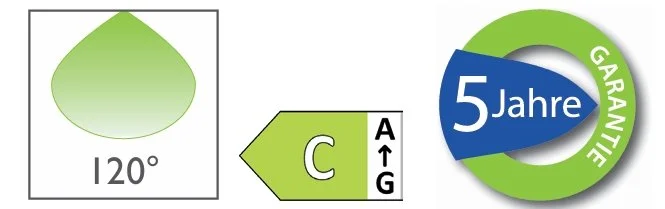 Diagramm mit einem grünen Blatt, einem Pfeil mit Buchstaben C, A, G und einem 5-Jahres-Garantie-Siegel.