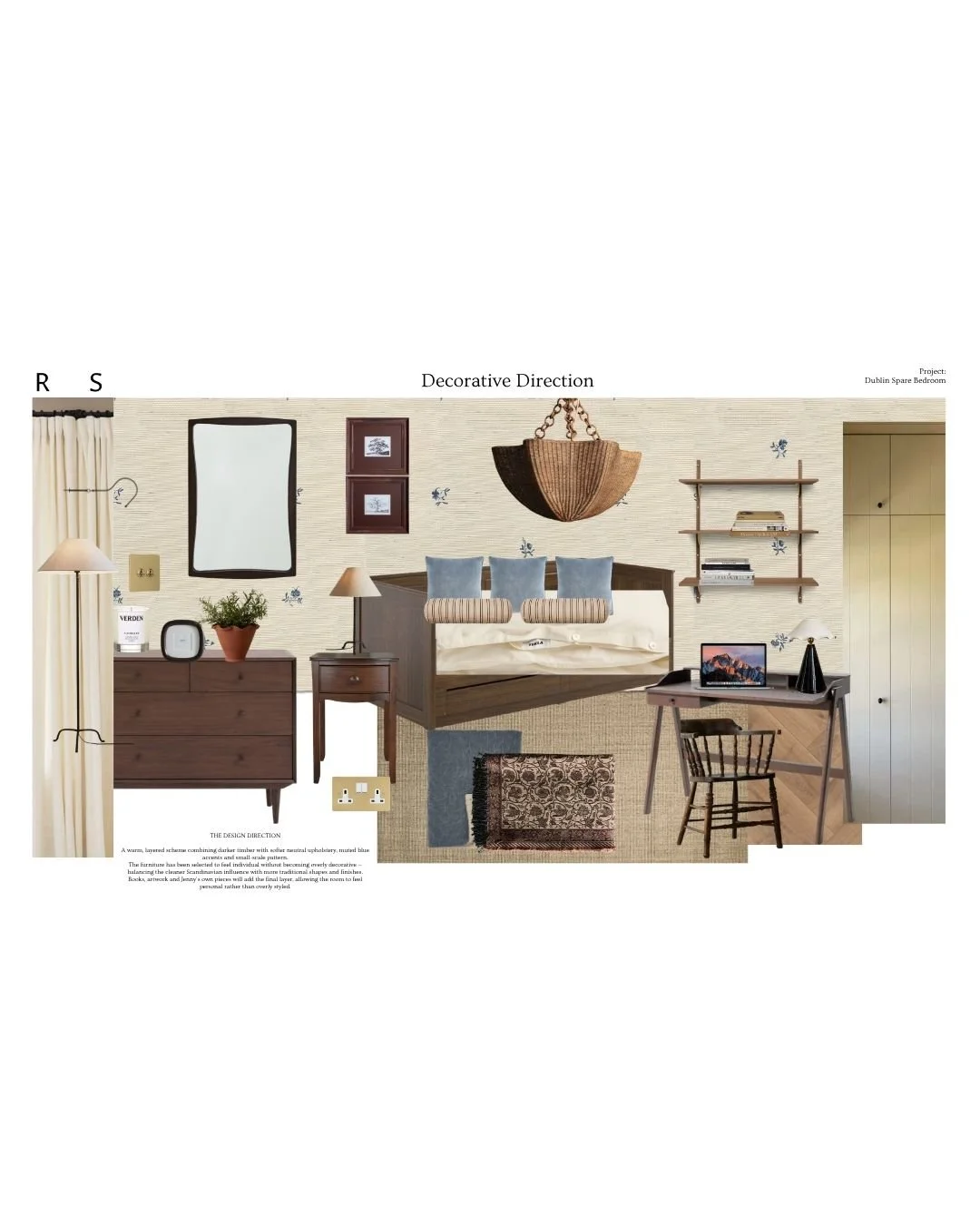 Interior bedroom design with a bed, wooden nightstand, desk with laptop, bookshelf, and various decor items in neutral tones.