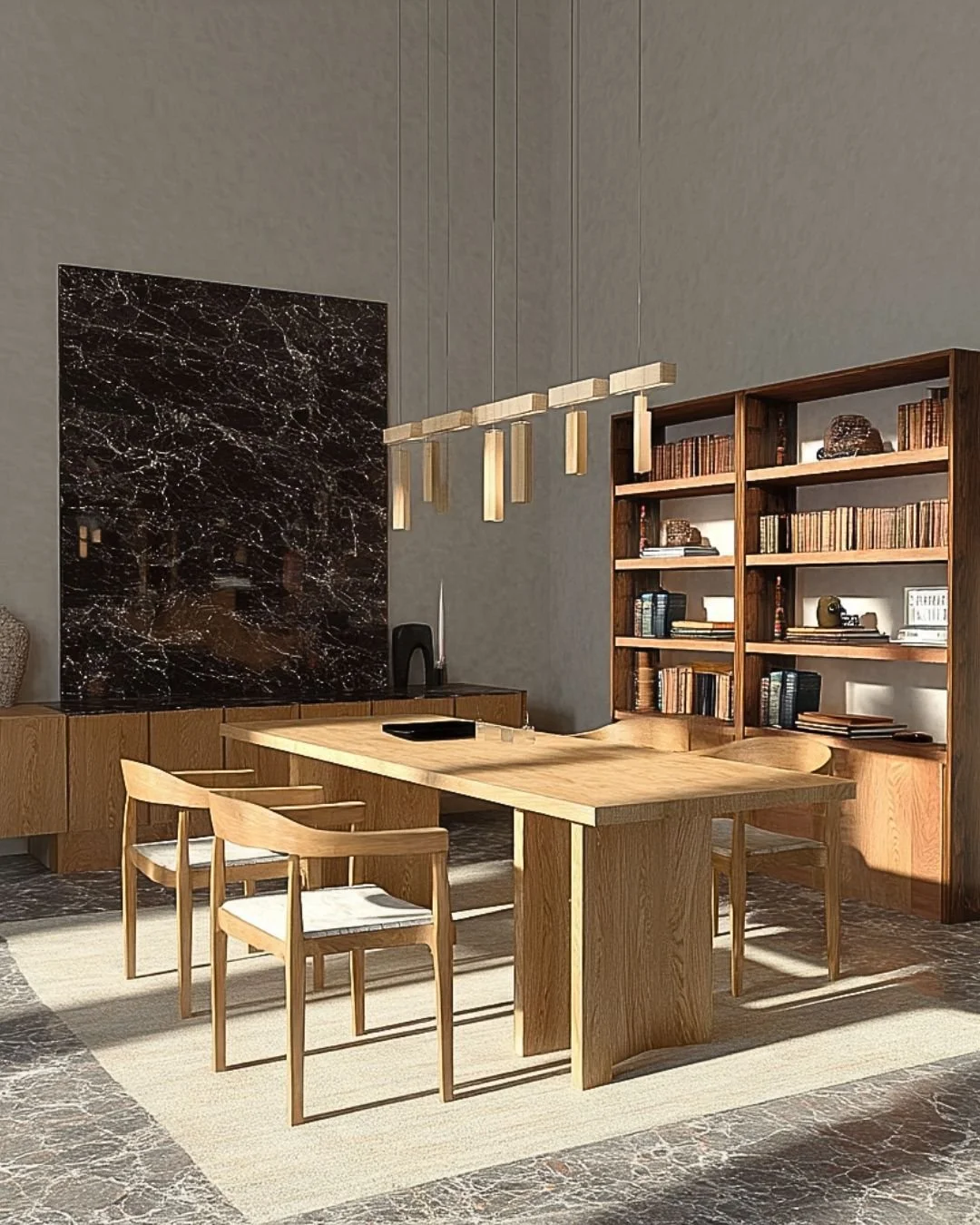 Modern dining room with wooden table, four matching chairs, dark marble wall, wooden bookshelf filled with books, and beige rug.