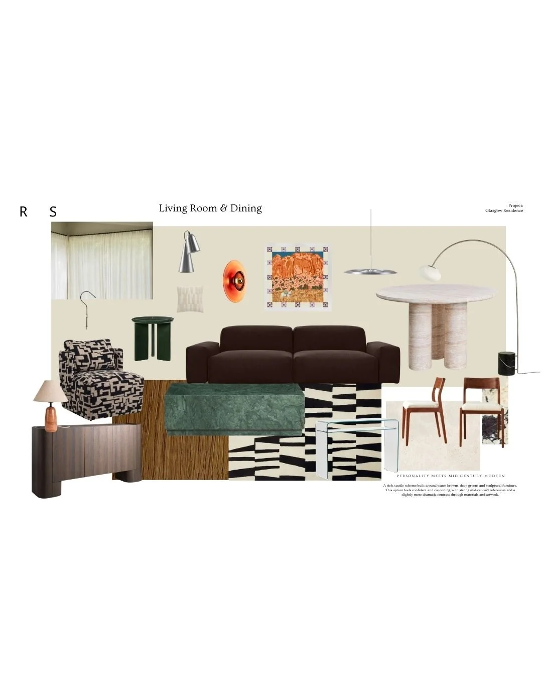 Collage of living room and dining room furniture and decor items including a sofa, armchair, coffee table, dining chairs, lamps, artwork, and rugs.