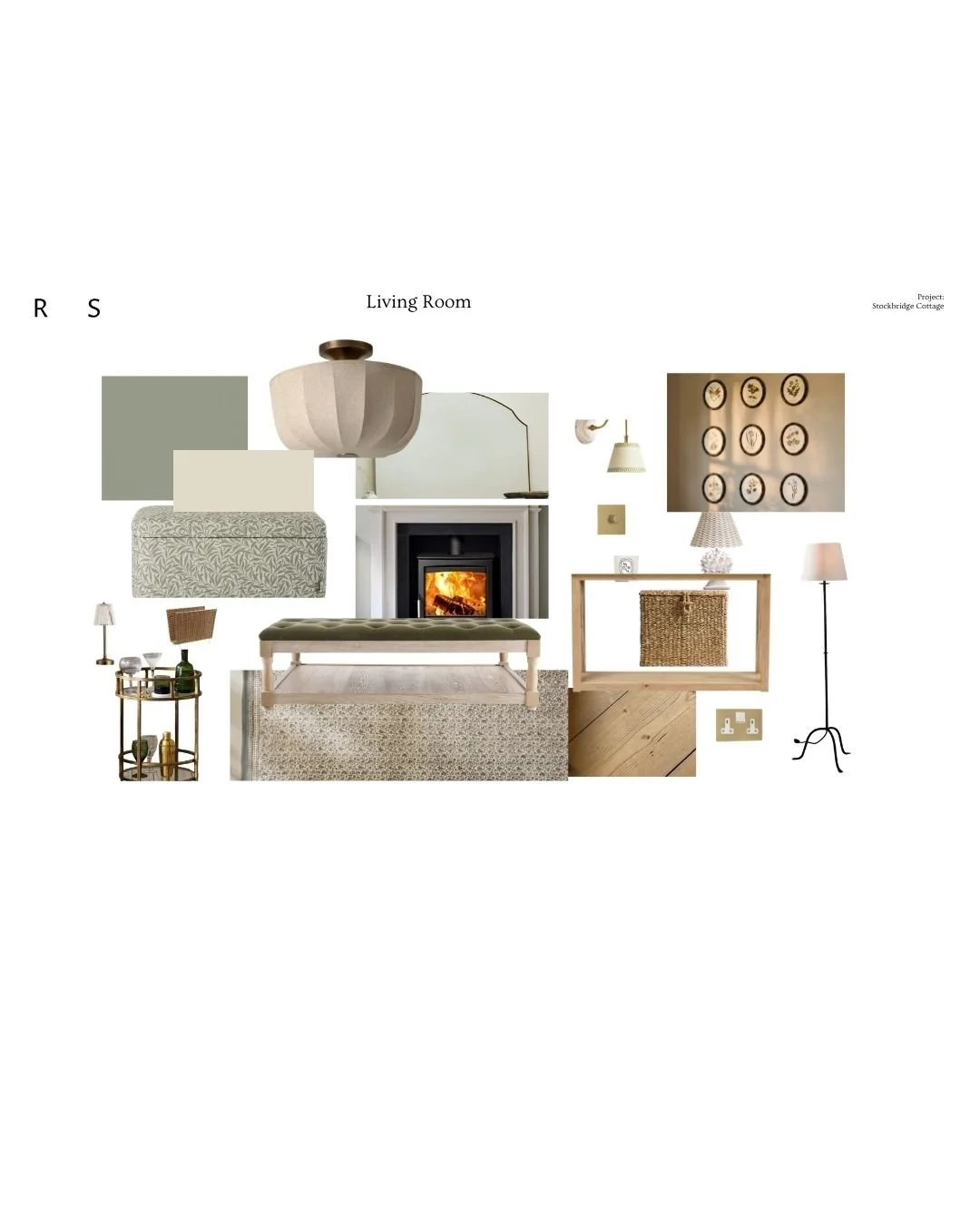 Collage of interior design elements for a living room, including a fireplace, lamps, artwork, furniture, and decorative accessories in neutral tones.