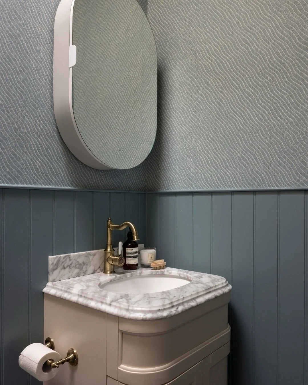 Every room has a story.

This family bathroom at our Morningside project started with a standard developer bathroom that didn&rsquo;t reflect the vision of our client.

It became a space layered with marble, aged brass, soft blue panelling and subtle