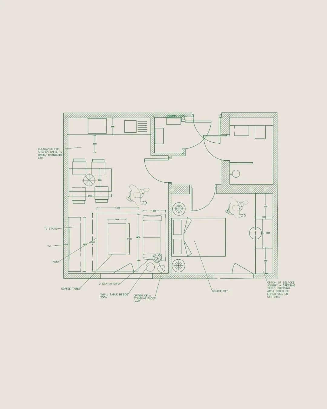 Floor plan of an apartment with labeled rooms, furniture, and measurements.