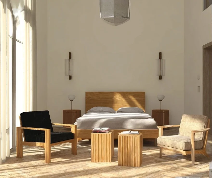 A modern, minimalistic bedroom with a wooden bed, two matching bedside tables with lamps, two armchairs, and a small wooden table in the middle, in a bright room with large windows and sunlight.
