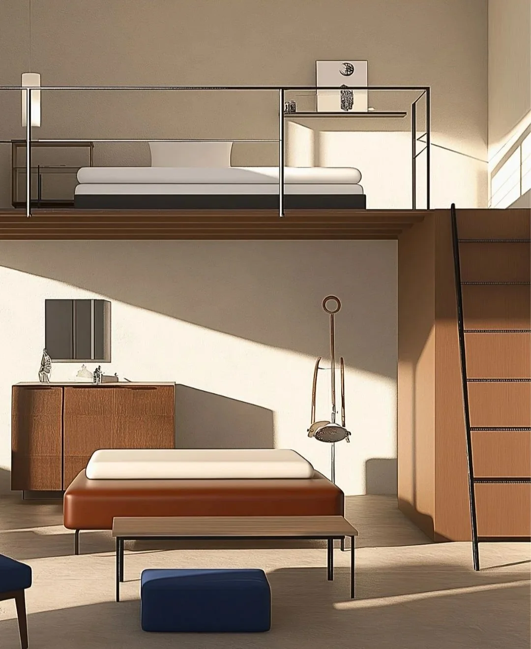 Modern interior of a two-story home with a staircase leading to the upper bedroom, which has a bed with white bedding, a nightstand, and artwork on the wall. The lower level contains a wooden cabinet, a brown leather ottoman, a small wooden bench, a hanging lamp, and a shadowed wall with a window.