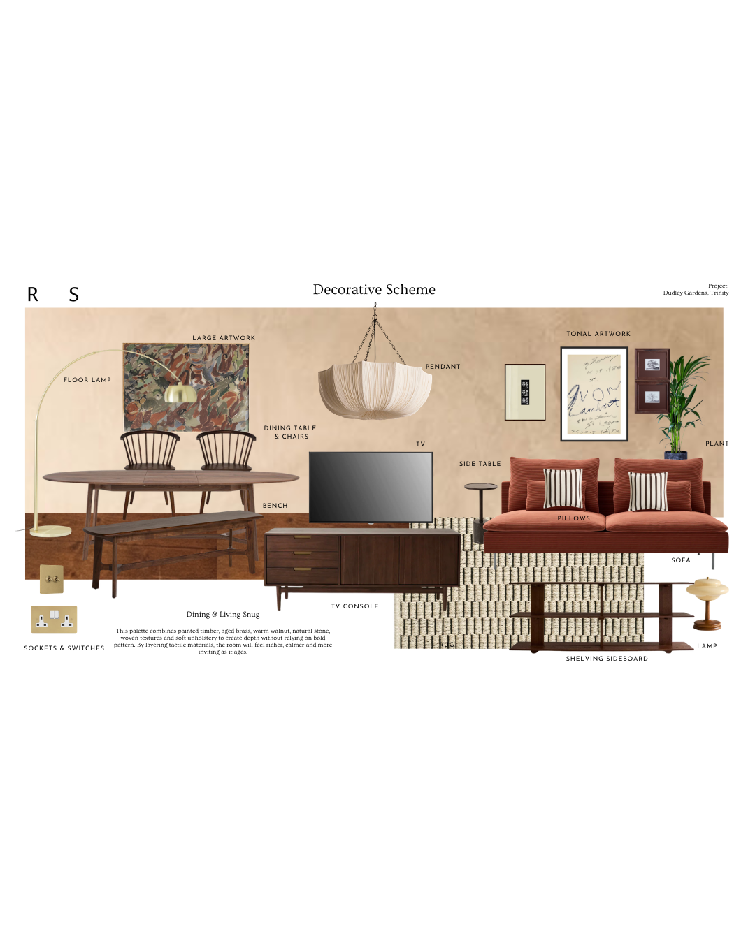 Decorative living room layout featuring a large artwork on the wall, a floor lamp on the left, a dining table with chairs, a bench, a pendant light, a TV, a side table, a TV console, a sofa with pillows, a bookshelf, a lamp, and a potted plant.