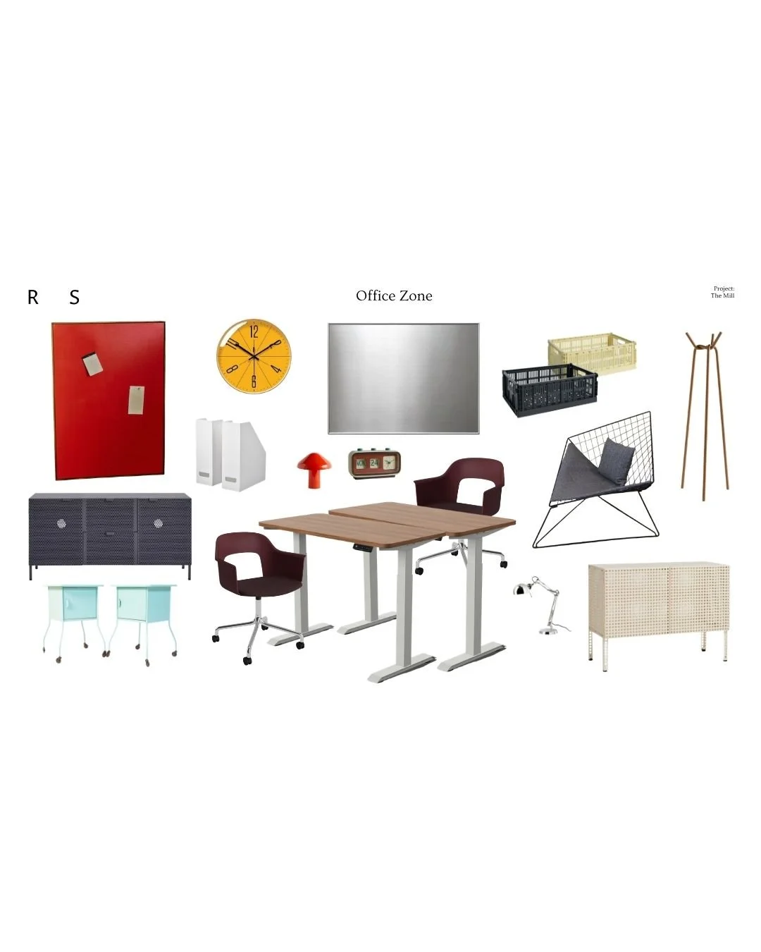 Collection of office furniture and decor including a red bulletin board with notes, a yellow wall clock, a mirror, white binders, a red desk lamp, a digital clock, a desk with two chairs, a black storage cabinet, a beige storage box, a black wire-frame chair with a pillow, a wooden coat rack, a white woven storage unit, a small desk lamp, and a black plastic crate.