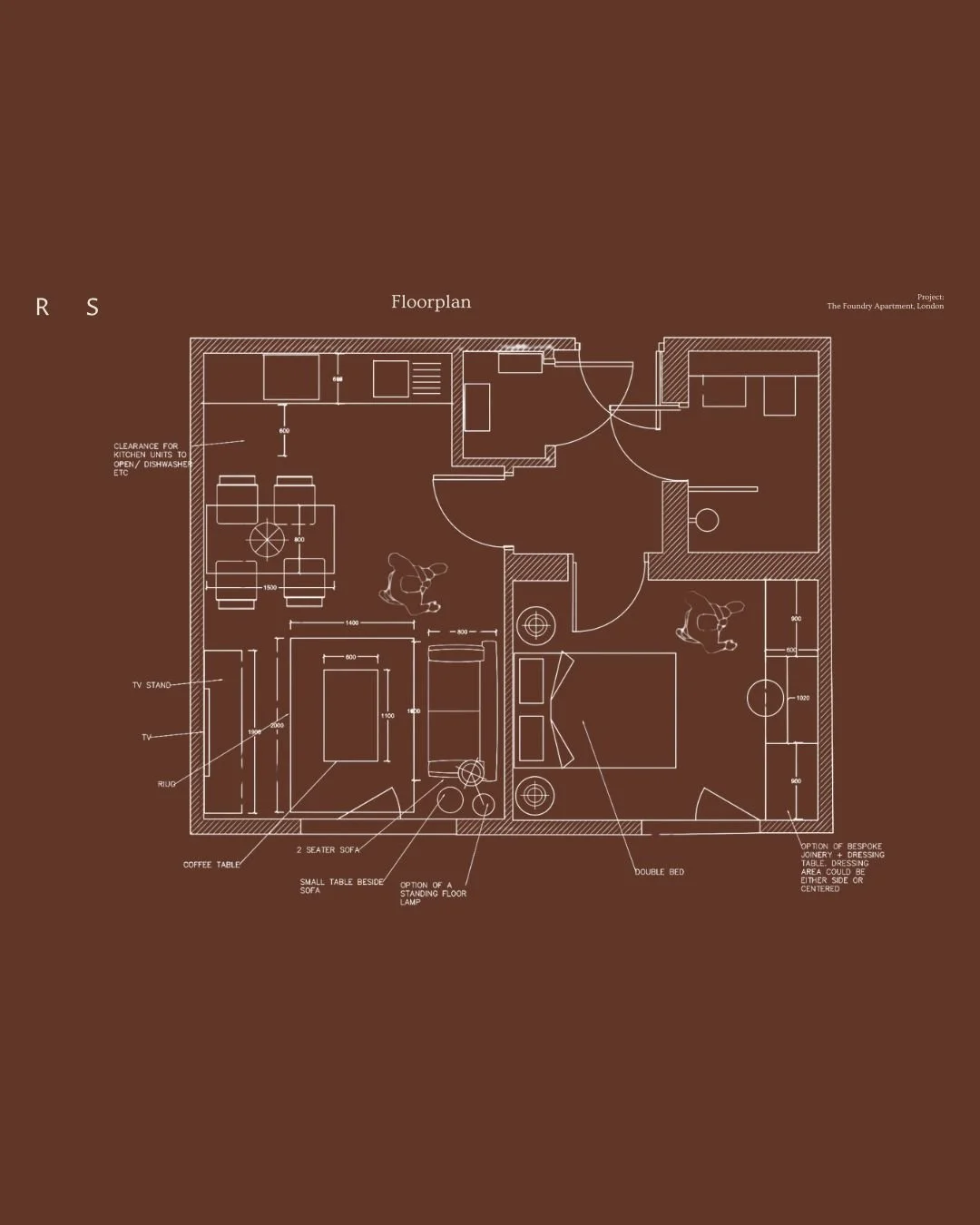 A detailed floor plan of an apartment, showing rooms, furniture, and measurements, labeled with notes about furniture placement and optional features.