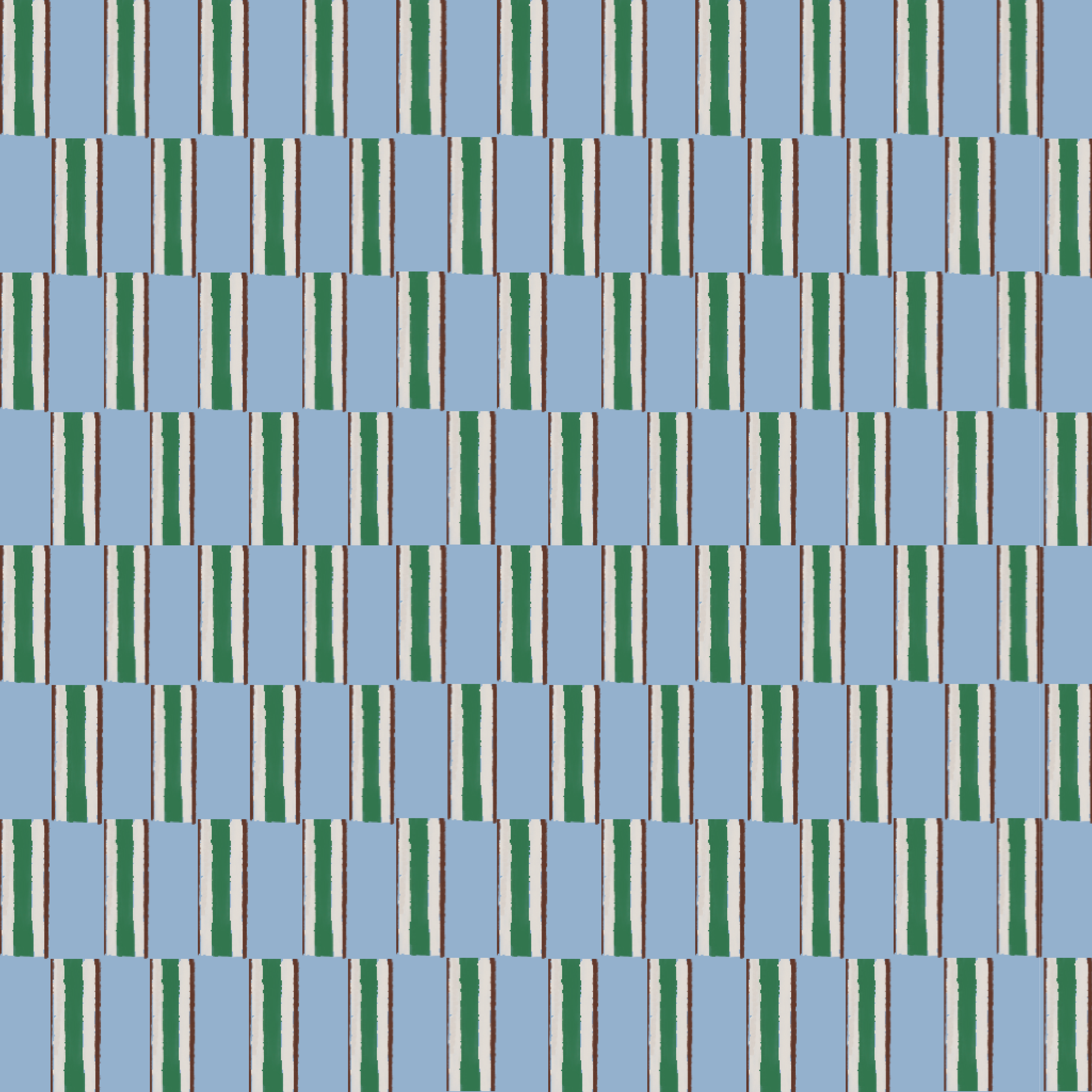 A pattern of vertical green, white, and brown stripes on a light blue background.
