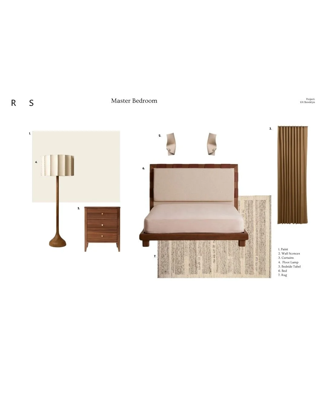 A master bedroom design layout with furniture and decor items numbered and listed: paint, wall sconces, curtains, floor lamp, bedside table, bed, and rug.