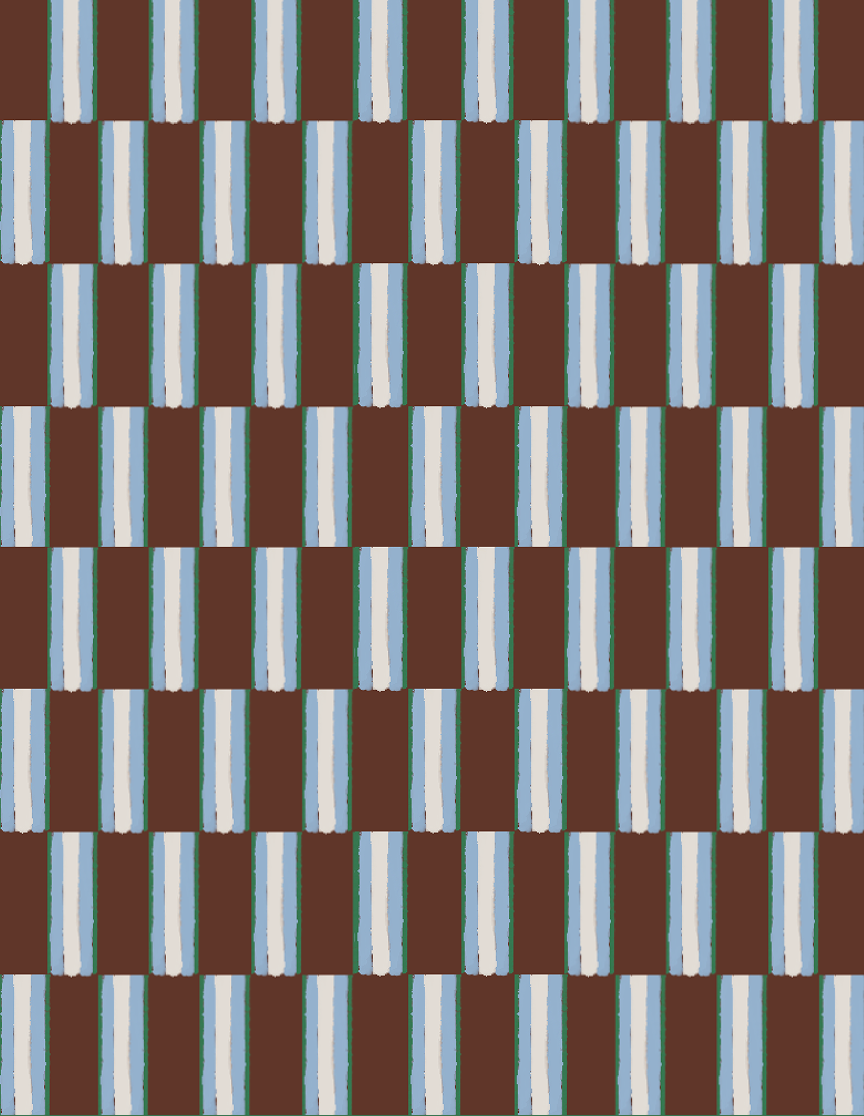 Pattern of alternating dark and light vertical stripes with a checkered design of brown squares and smaller beige and blue rectangles.