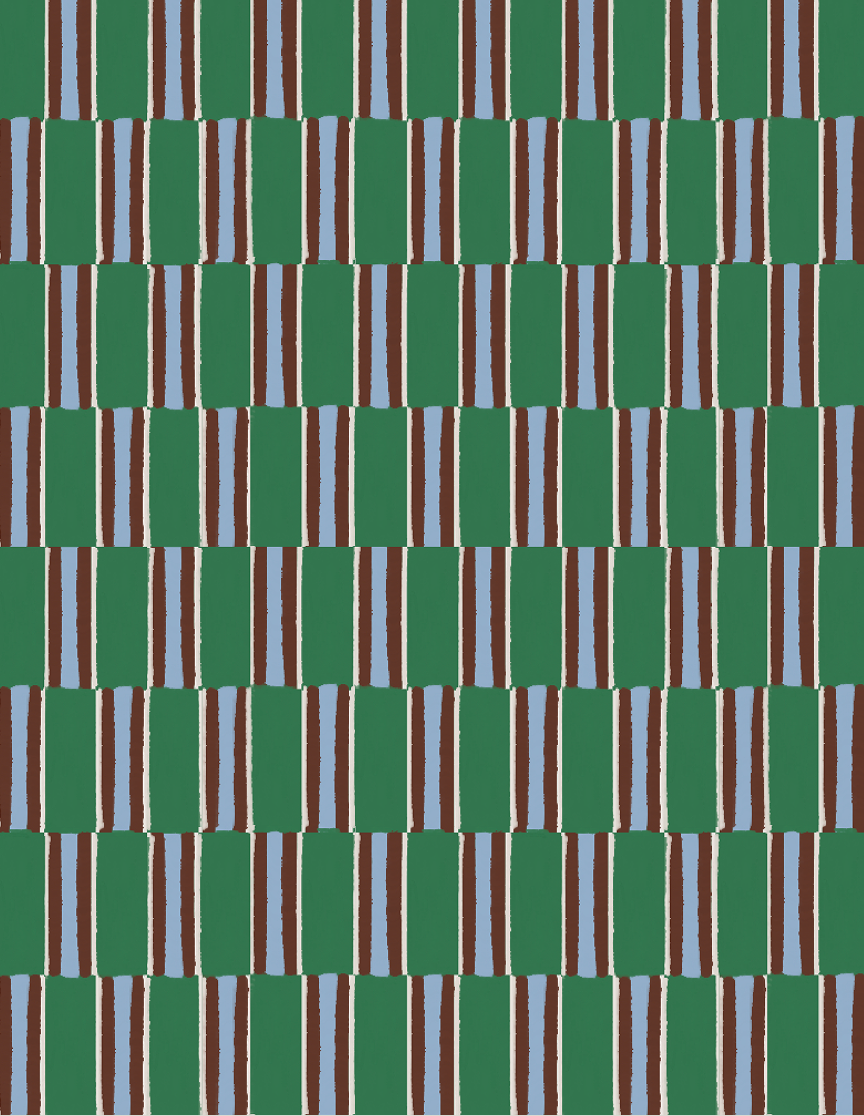 Close-up of a patterned surface with vertical green rectangles alternating with smaller brown and light blue stripes.