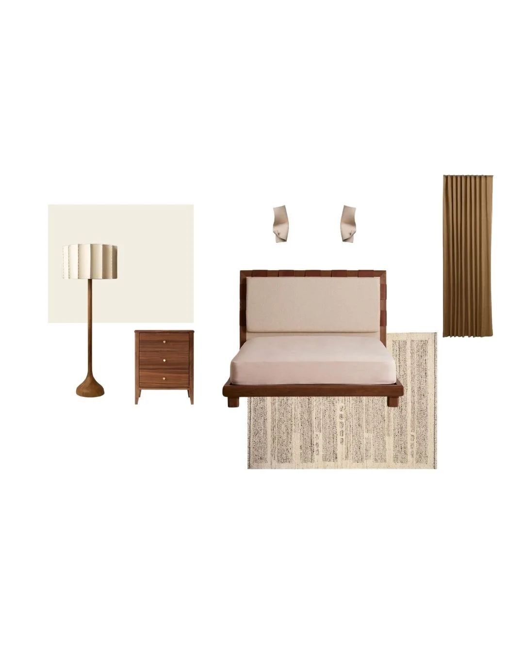 A bedroom setup with a bed, floor lamp, nightstand, wall sconces, rug, and curtains in neutral tones.