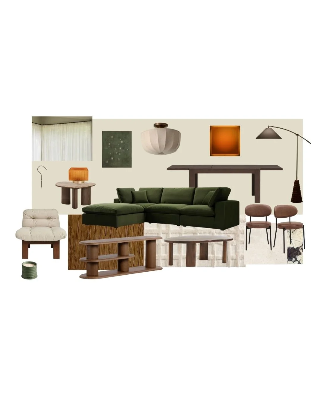 Collage of mid-century modern living room furniture and decor, including a green sectional sofa, beige chair, wooden coffee tables, chairs, lamps, and wall art.