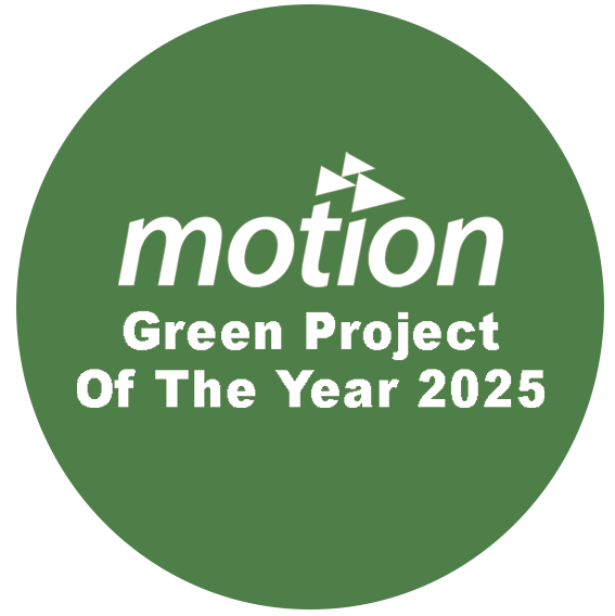 Green circular badge with white text that reads 'motion Green Project Of The Year 2025' and a small triangular logo above the word 'motion'.