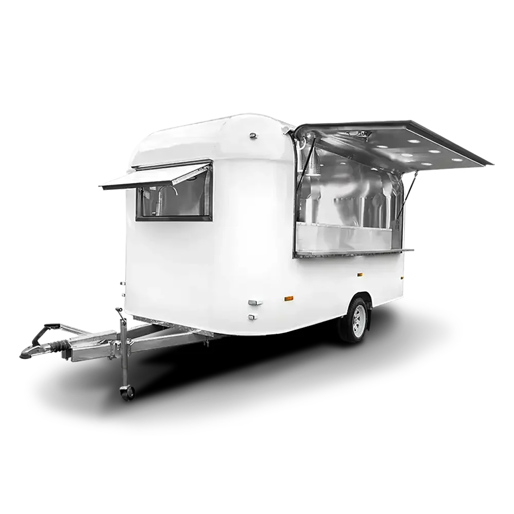 A white food truck with open serving windows and a black hitch, isolated on a white background.