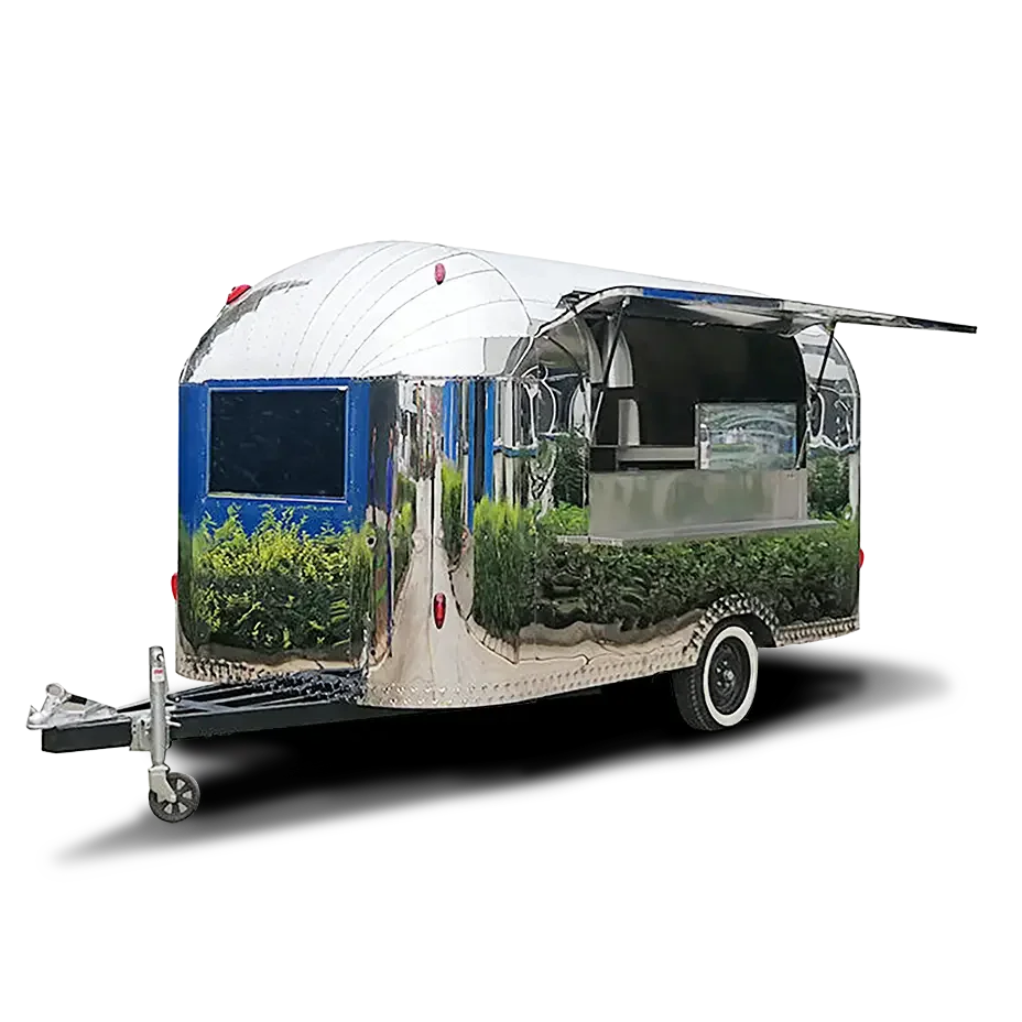 A shiny, silver food truck with an open window serving area and a small awning, parked on a blank white background.