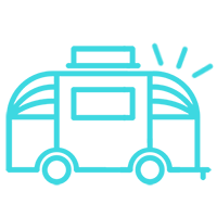 Line drawing of a bus with a digital display, side mirrors, and windows