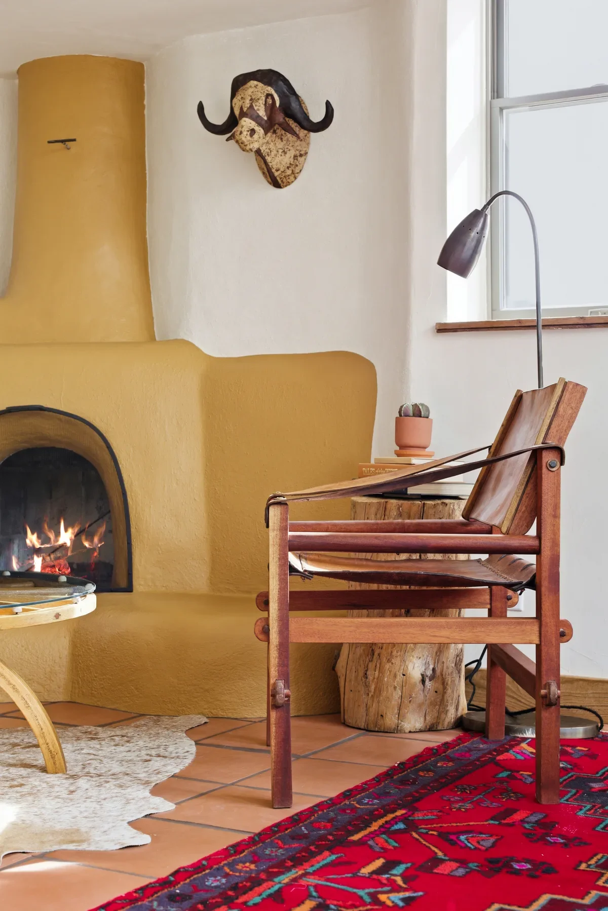 Cozy interior corner with a wood chair, a small fireplace with fire, a side table with a potted cactus and books, a decorative buffalo head on the wall, a standing lamp, and a colorful patterned rug.