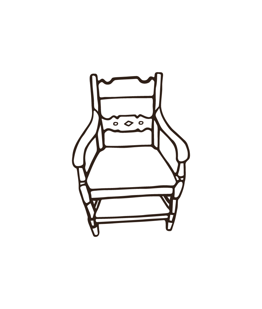 A line drawing of a wooden armchair with a woven or cushioned backrest and a flat seat.