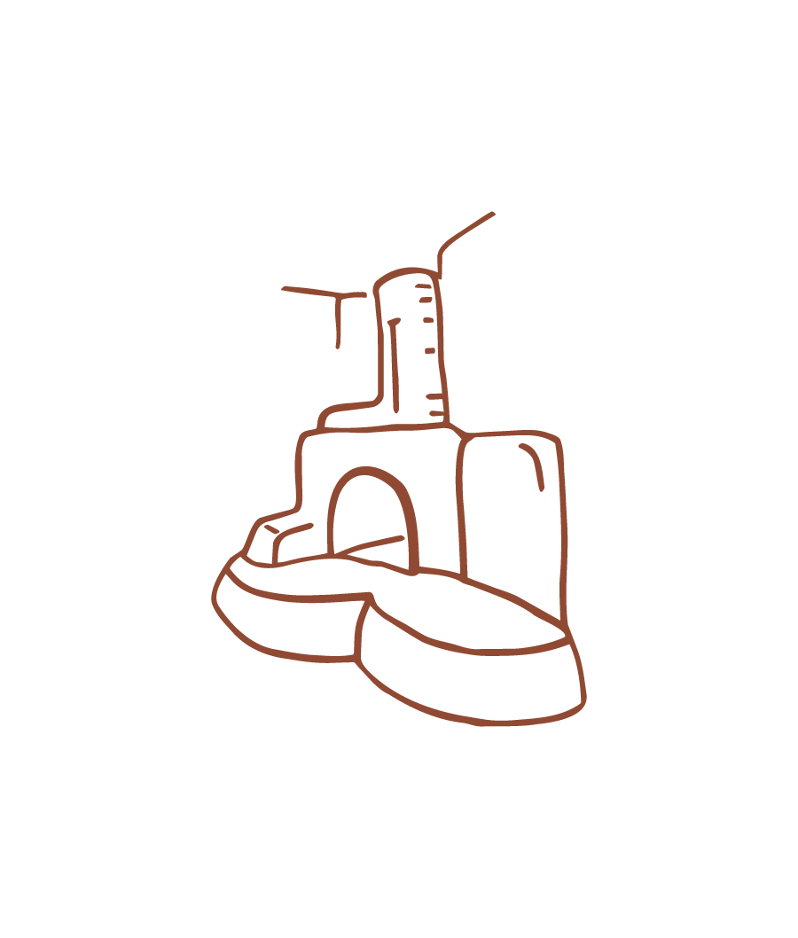 Simple line drawing of a boat with an arched entrance and a tower-like structure on top, depicted in brown lines on a black background.