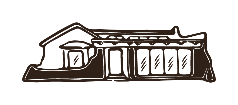 A brown line drawing of a house with a curved roof and multiple windows, on a black background.