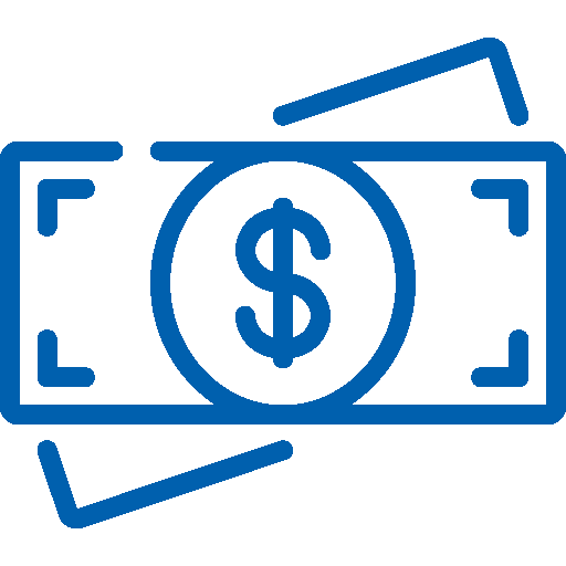 Graphic of a dollar bill with a dollar sign, outlined in blue on a black background.