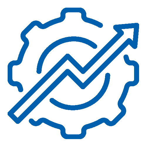 Icon of a gear with an upward trending arrow and a bar graph inside it.