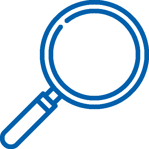 Blue outlined magnifying glass icon.