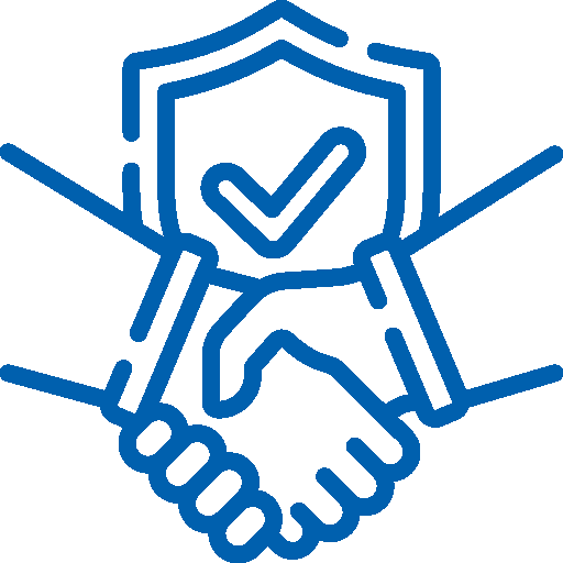 Blue outline icon of two hands shaking with a shield and checkmark in the background, symbolizing security and trust.