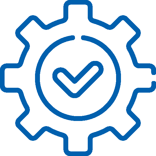 A blue gear with a checkmark inside.