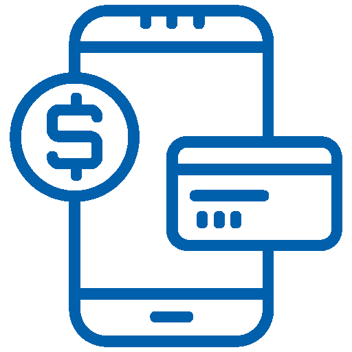 Digital payment with a smartphone, dollar sign, and credit card icon.