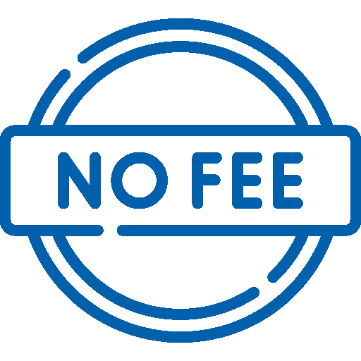 Blue circular badge with the words 'NO FEE' in the center.