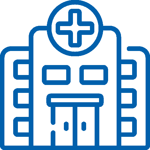 Outline of a hospital building with a cross symbol on top, representing a medical facility.