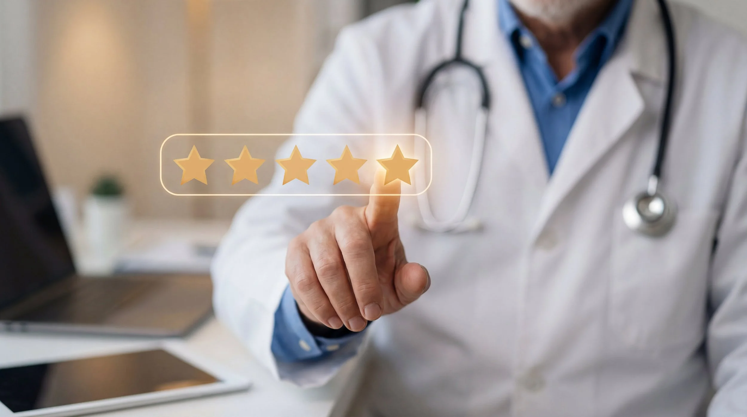 Doctor touching with his finger a 5-star icon.