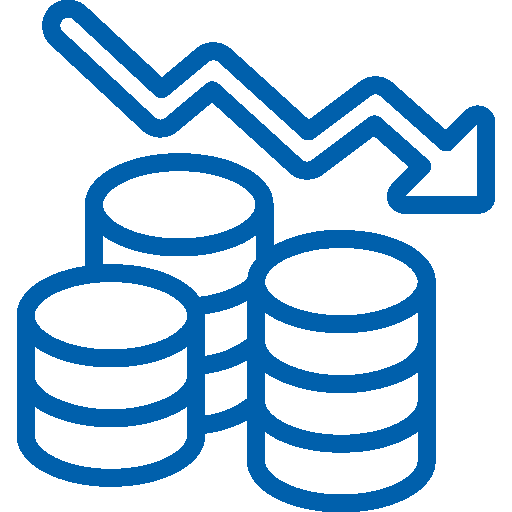 Line graph showing a downward trend and stacks of coins, representing financial decline or economic downturn.