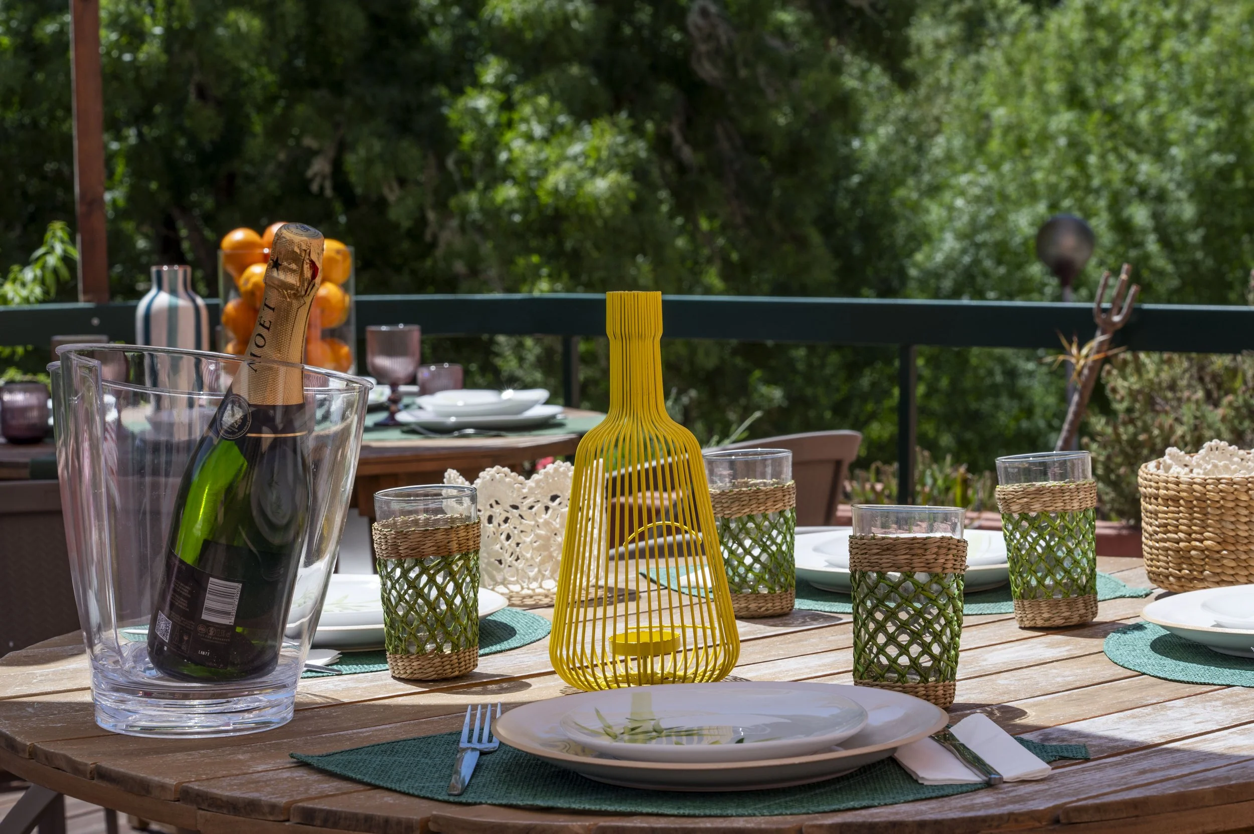 Mesa de jantar ao ar livre com pratos, copos, talheres, uma garrafa de espumante, uma jarra grande com garrafa de espumante, vasos de plantas, uma toalha de mesa verde, cadeiras e um fundo de árvores verdes.