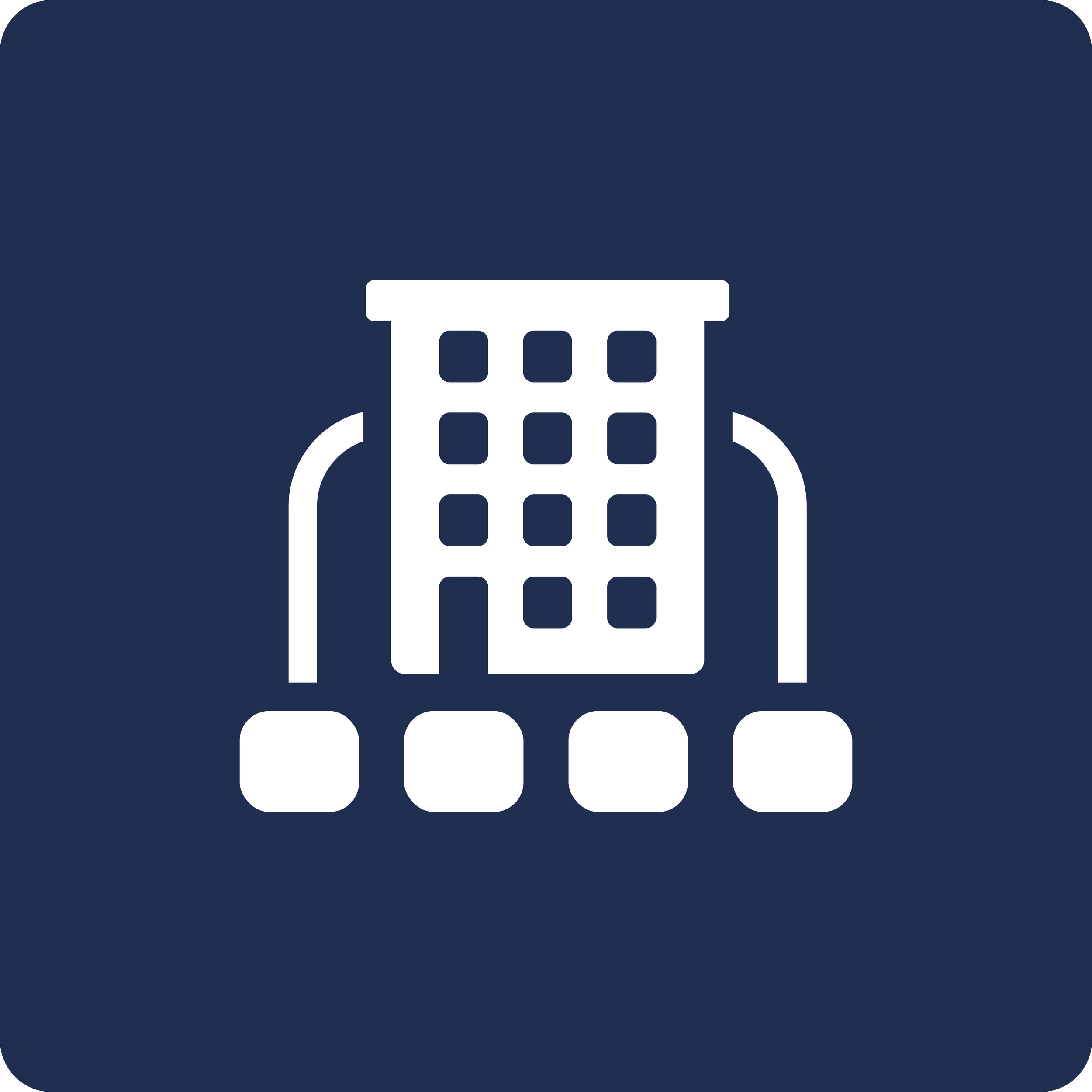 Icon of a building with a grid of windows, flanked by two handrails.