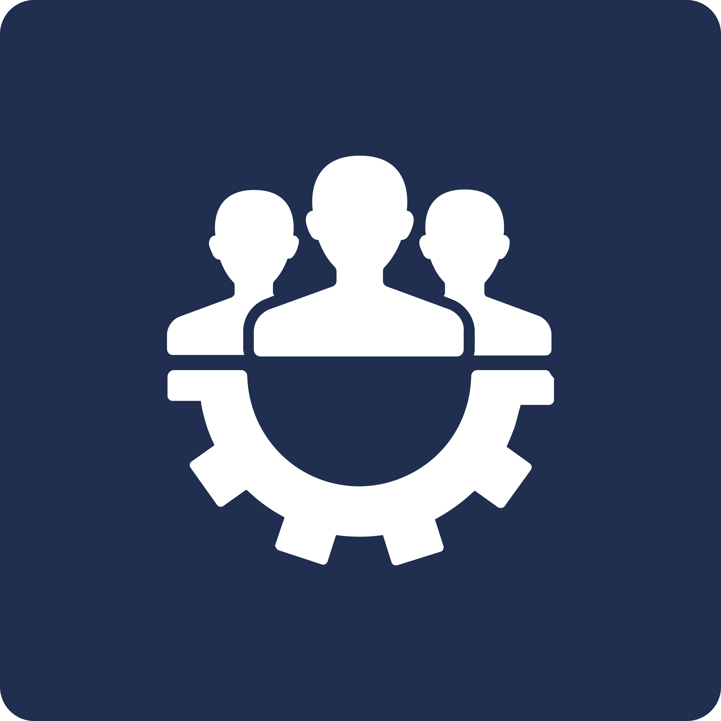 Icon of three people standing behind a gear, representing team or community management.