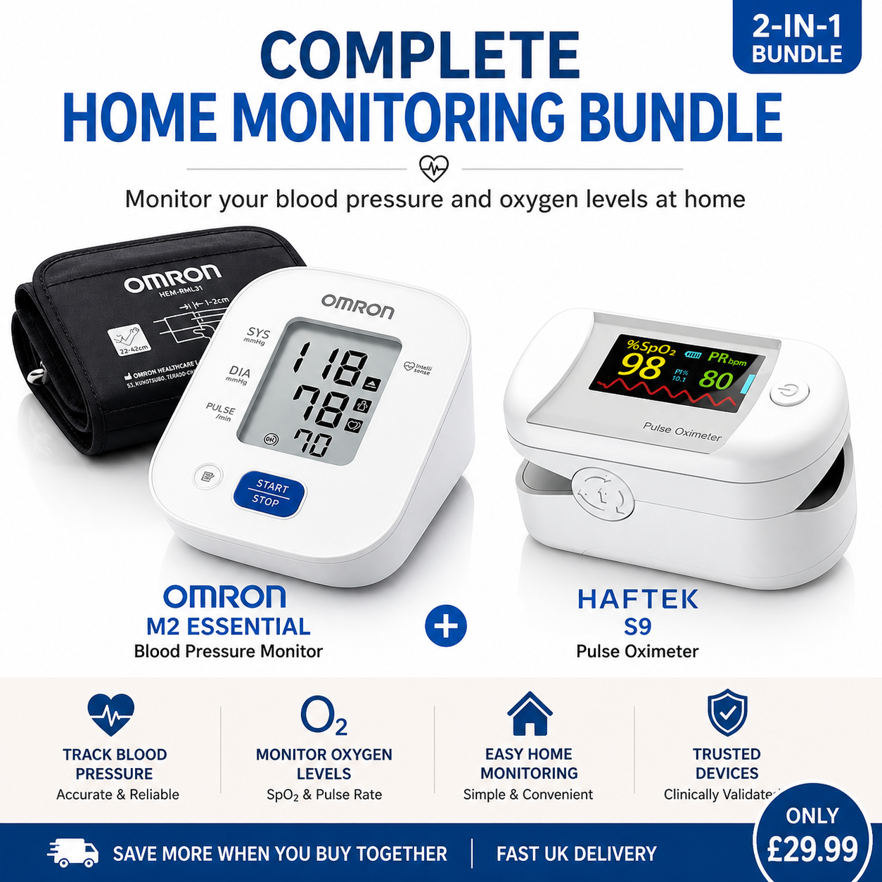 Home Monitoring Bundle | Omron M2 Essential Blood Pressure Monitor + Pulse Oximeter