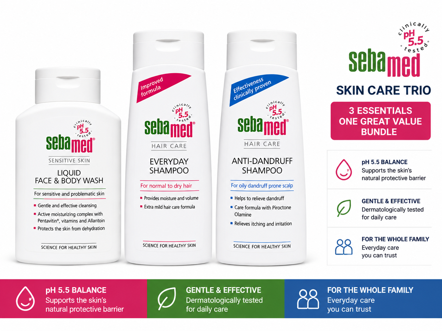 Sebamed Skin Care Trio | Face & Body Wash + Everyday Shampoo + Anti Dandruff (pH 5.5 Set)